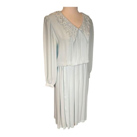 Vintage Light Blue Midi Dress Long Sleeve Elegant Open Lace Collar Shoulder Pads - Picture 7 of 12